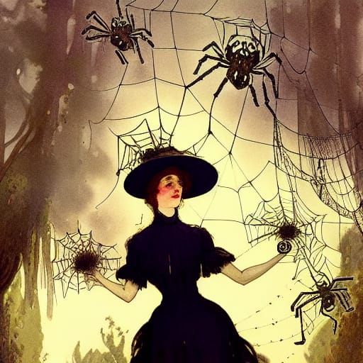 Edwardian Witch in Spider Forest, Digital Illustration