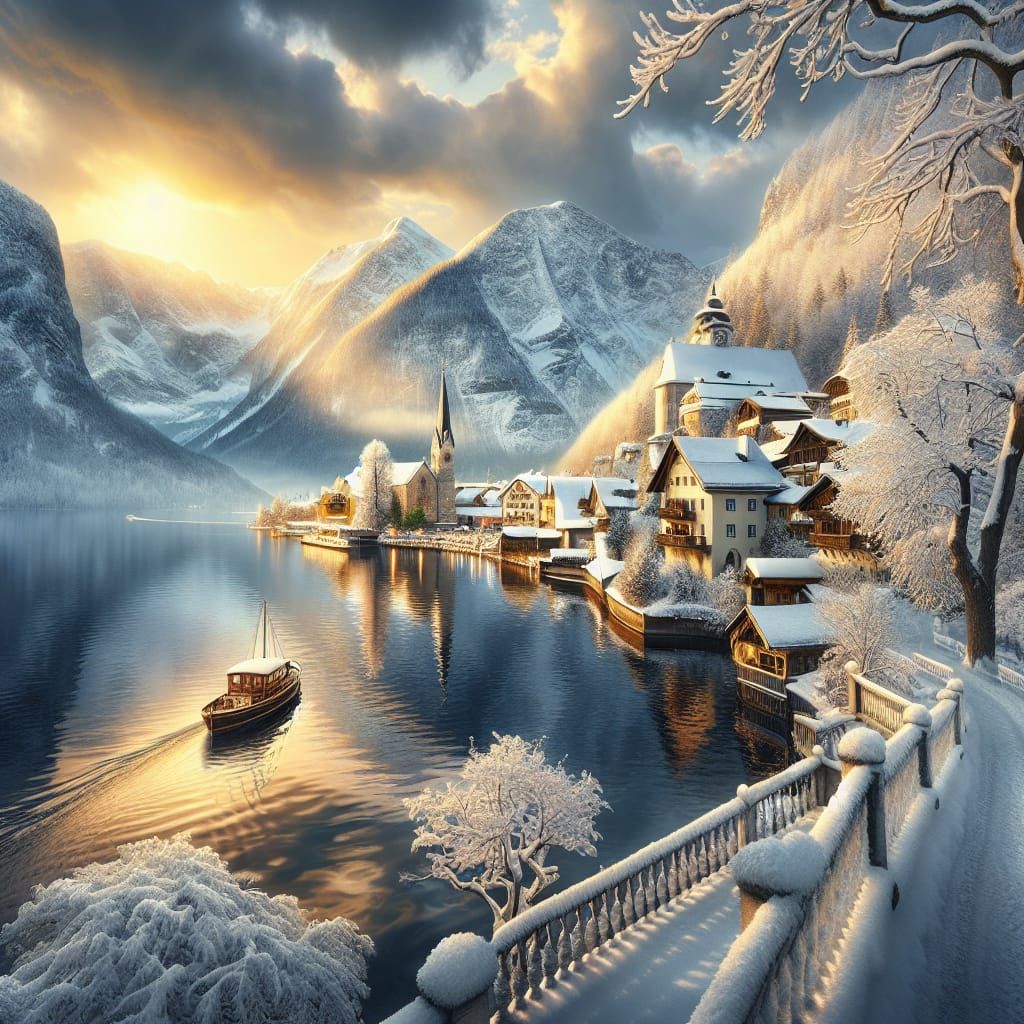 a landscape painting in the style of the Hudson River School, featuring a breathtaking winter scene of Gmunden, Austria