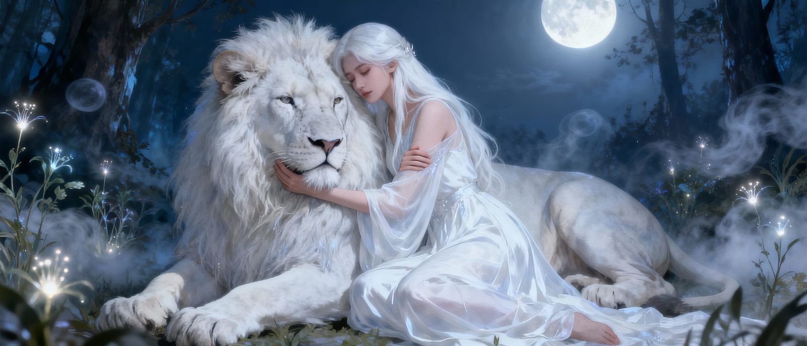 Fantasy Forest Scene: Woman and White Lion in Moonlight