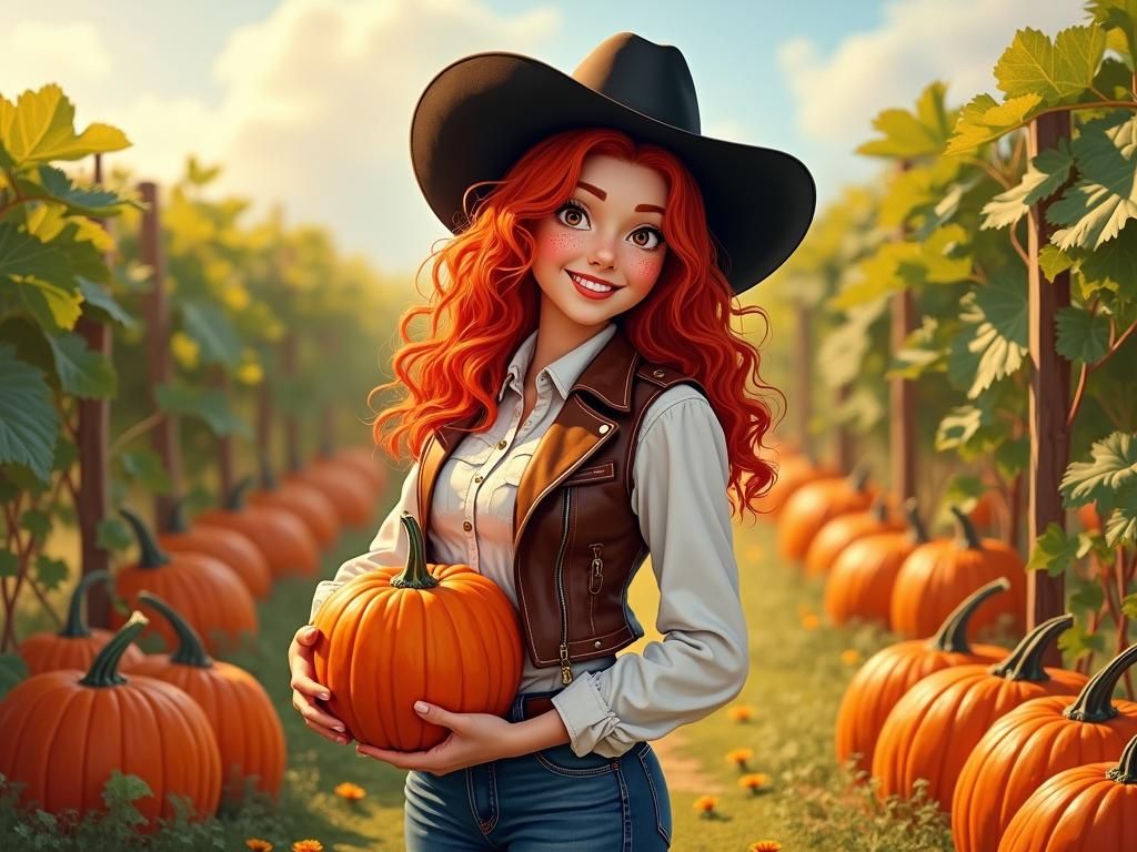Cowgirl in Pumpkin Patch: Impressionistic Rustic Scene