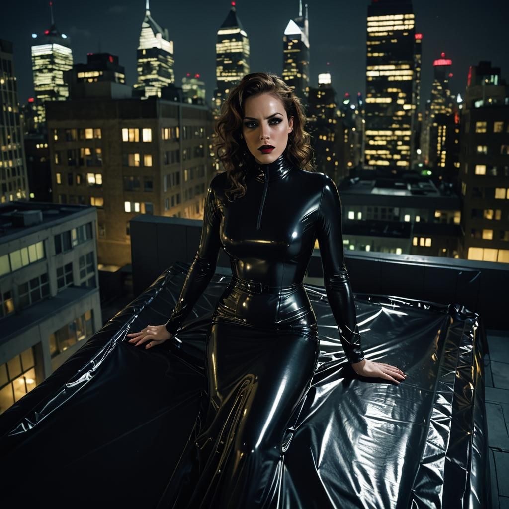 Woman Vacuum Sealed in Latex on Rooftop