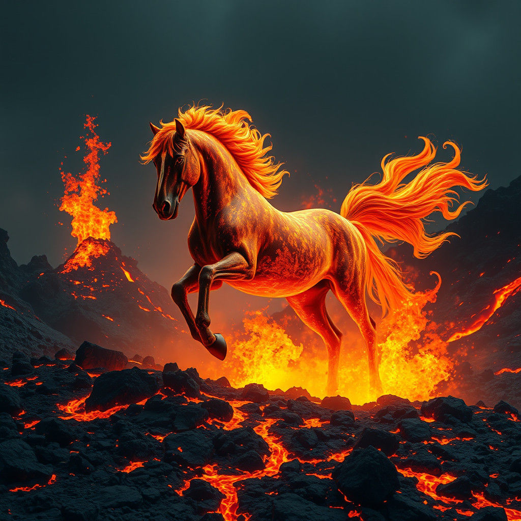 Fiery Lava Horse Emerges from Volcano