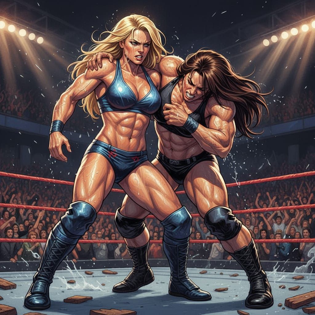 Blonde Wrestler in Intense Match, Dynamic Action Style