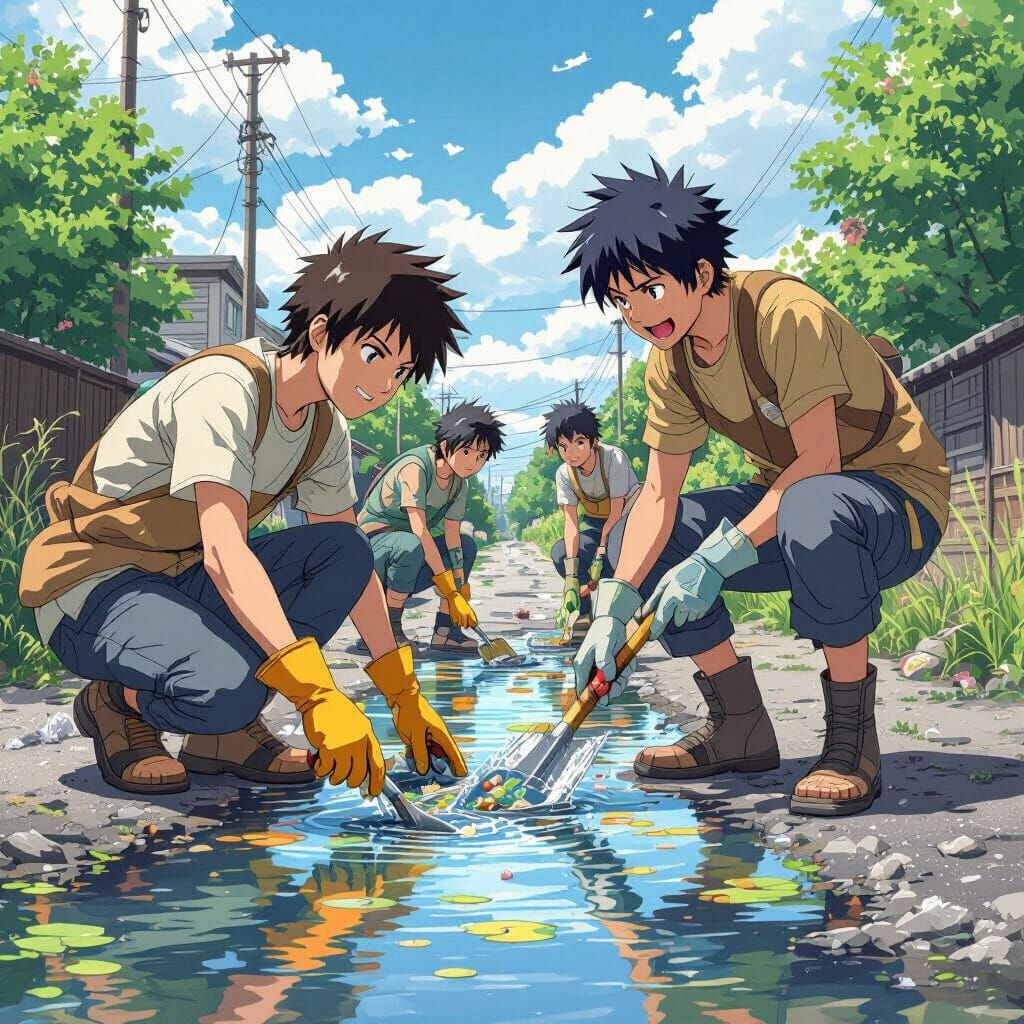 Boys Cleaning Ponds and Roads in Anime Style