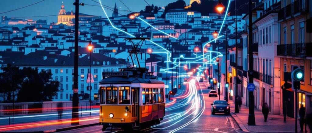 Lisbon's Illuminated Cityscape in Neon Colors