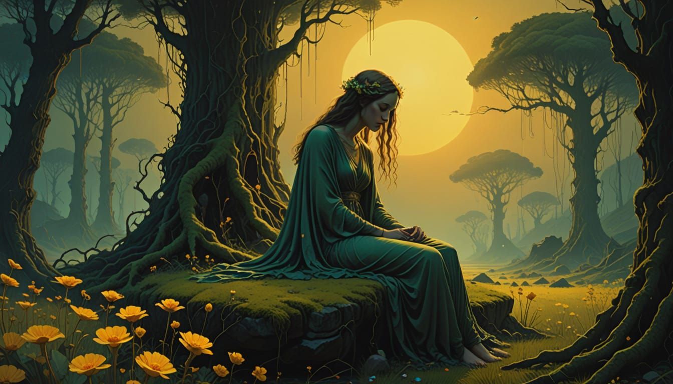 Surreal Dreamlike Scene of Maiden on Ancient Pedestal
