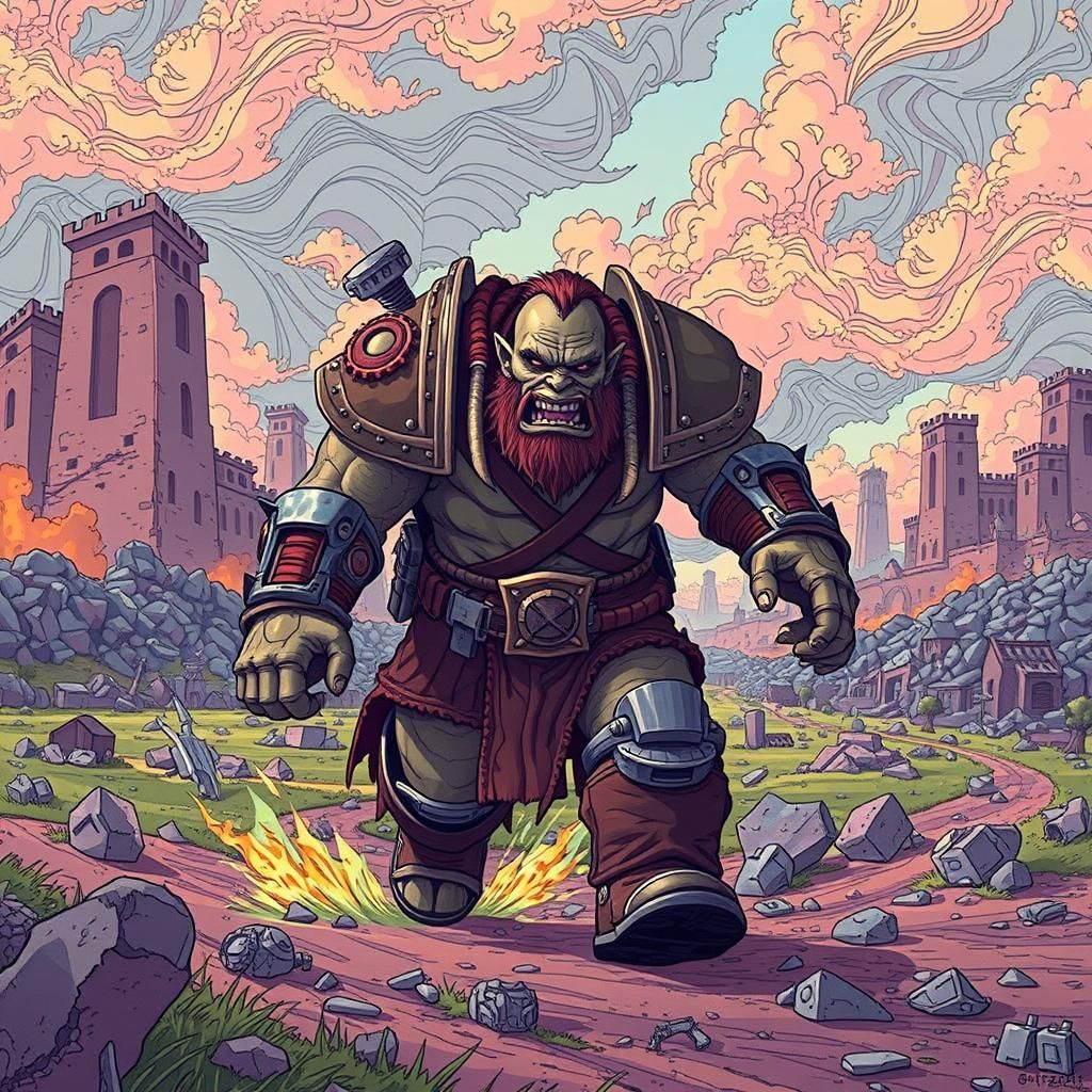 Warhammer Ogre Mid-Battle Charge in Sci-Fi Style