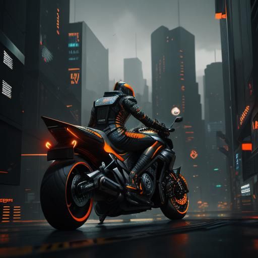 Cyberpunk Cityscape in Chrome Orange and Black