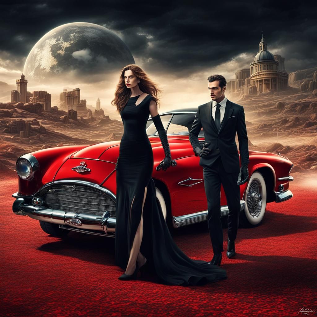 Dramatic Fantasy Landscape with Racing Car