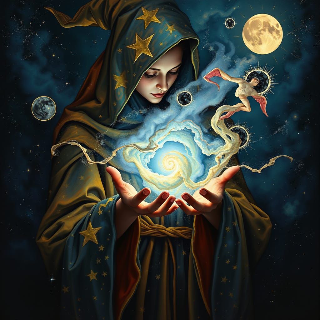 Celestial Witch Conjuring Nebula in Cosmic Style