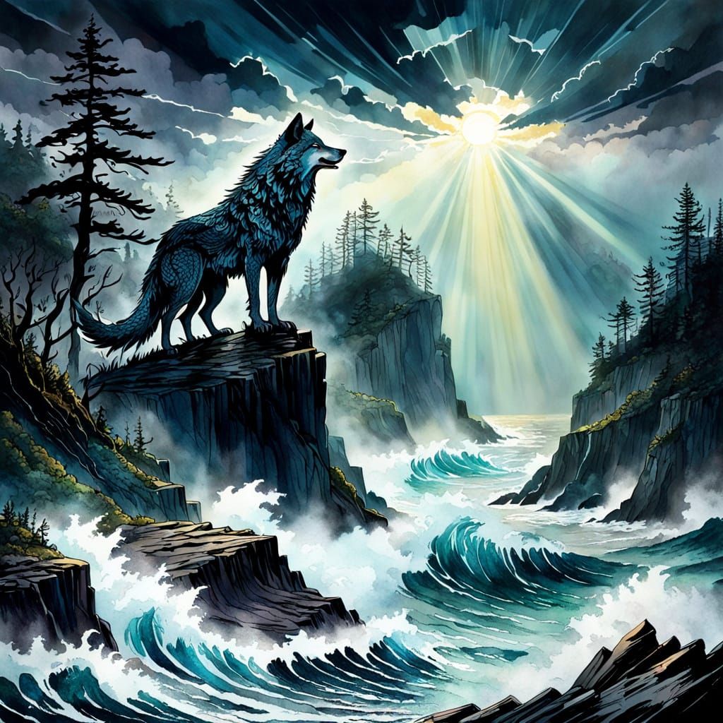 Wolf on Stormy Cliffs with Seasnake, Fantasycore Art