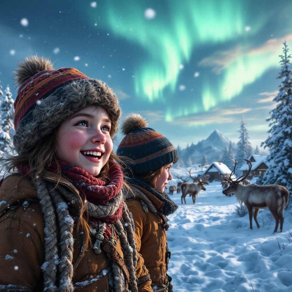 Playful Lapplander Children in Snowy 1700s Scene