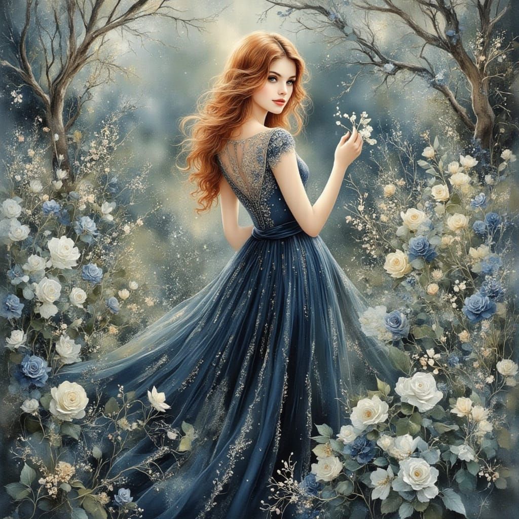 Elegant Woman in Gown in Moonlit Field