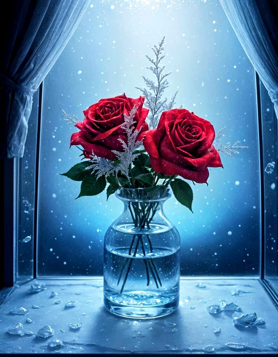 Frozen Red Rose in Crystal Vase - Astral Cosmic Art