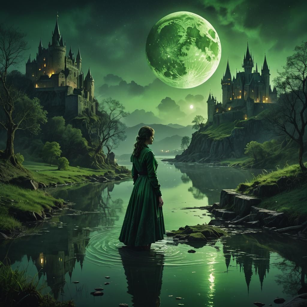 Green Midnight Reflection: Dark Fantasy Concept Art