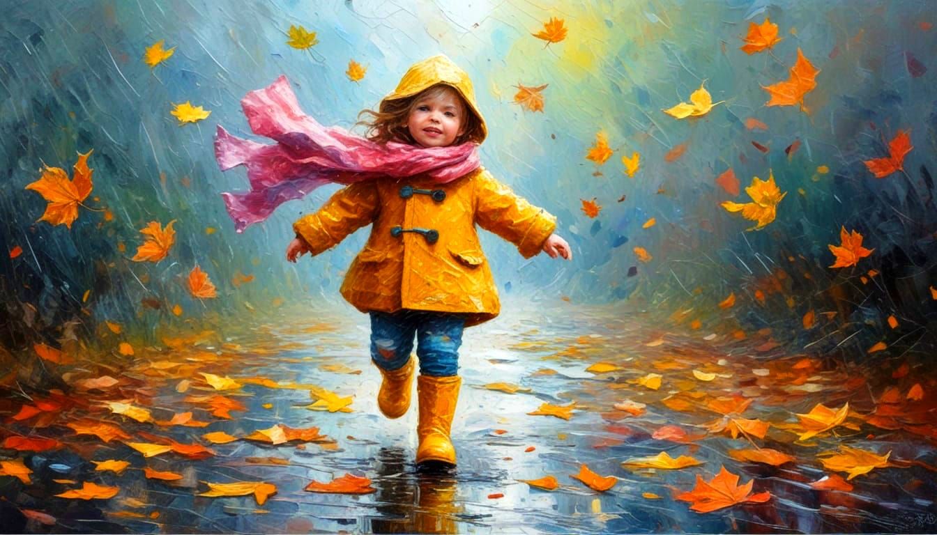 girl walking in the rain in a autumn storm