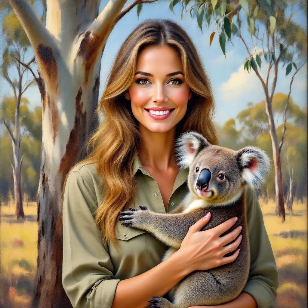 Elegant Woman Holding Koala in a Serene Australian Landscape