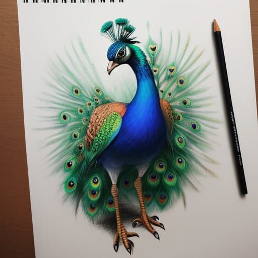 Vibrant Peacock Sketch in a Childlike Crayon Aesthetic