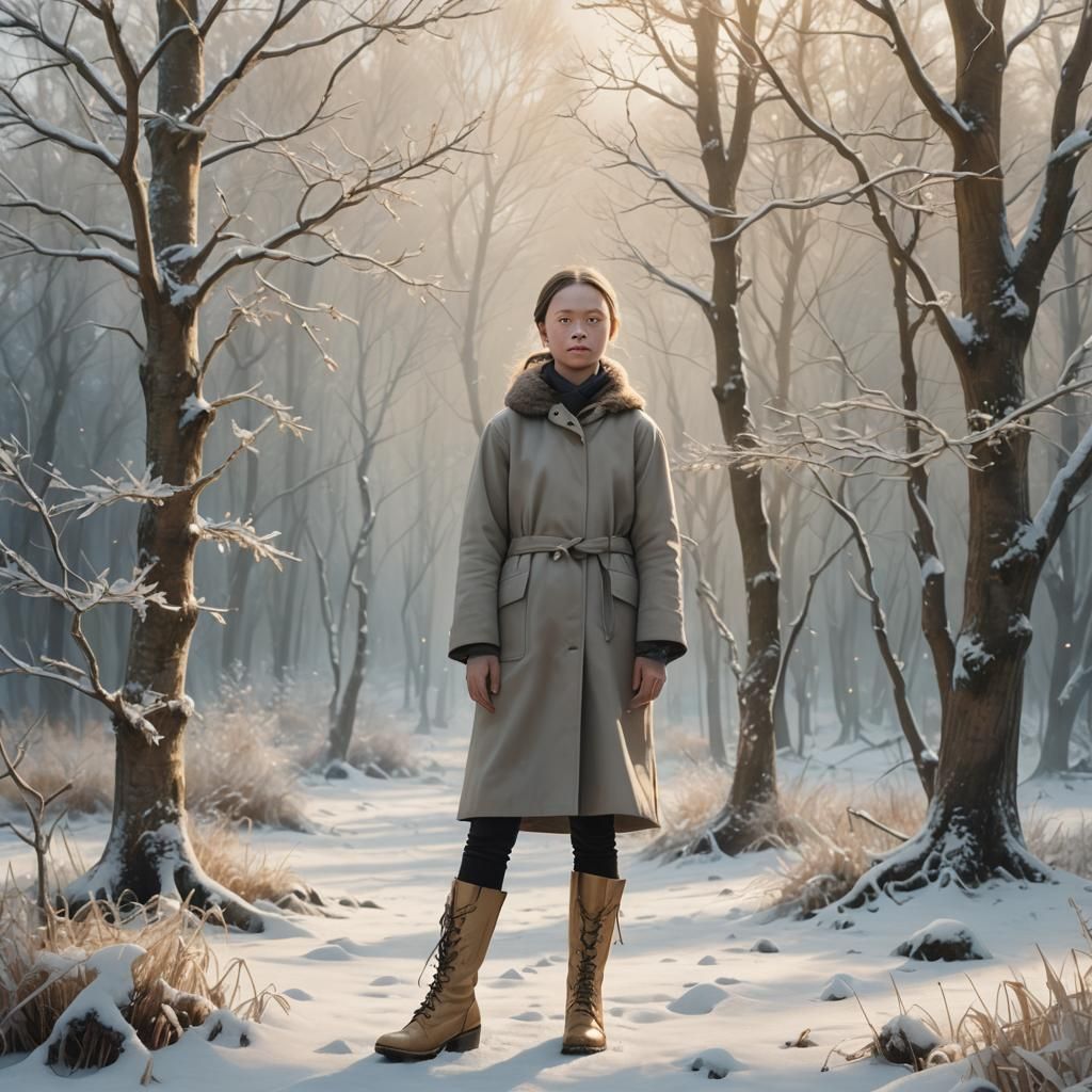 Greta Thunberg in Winter Landscape, Oriental Art Style