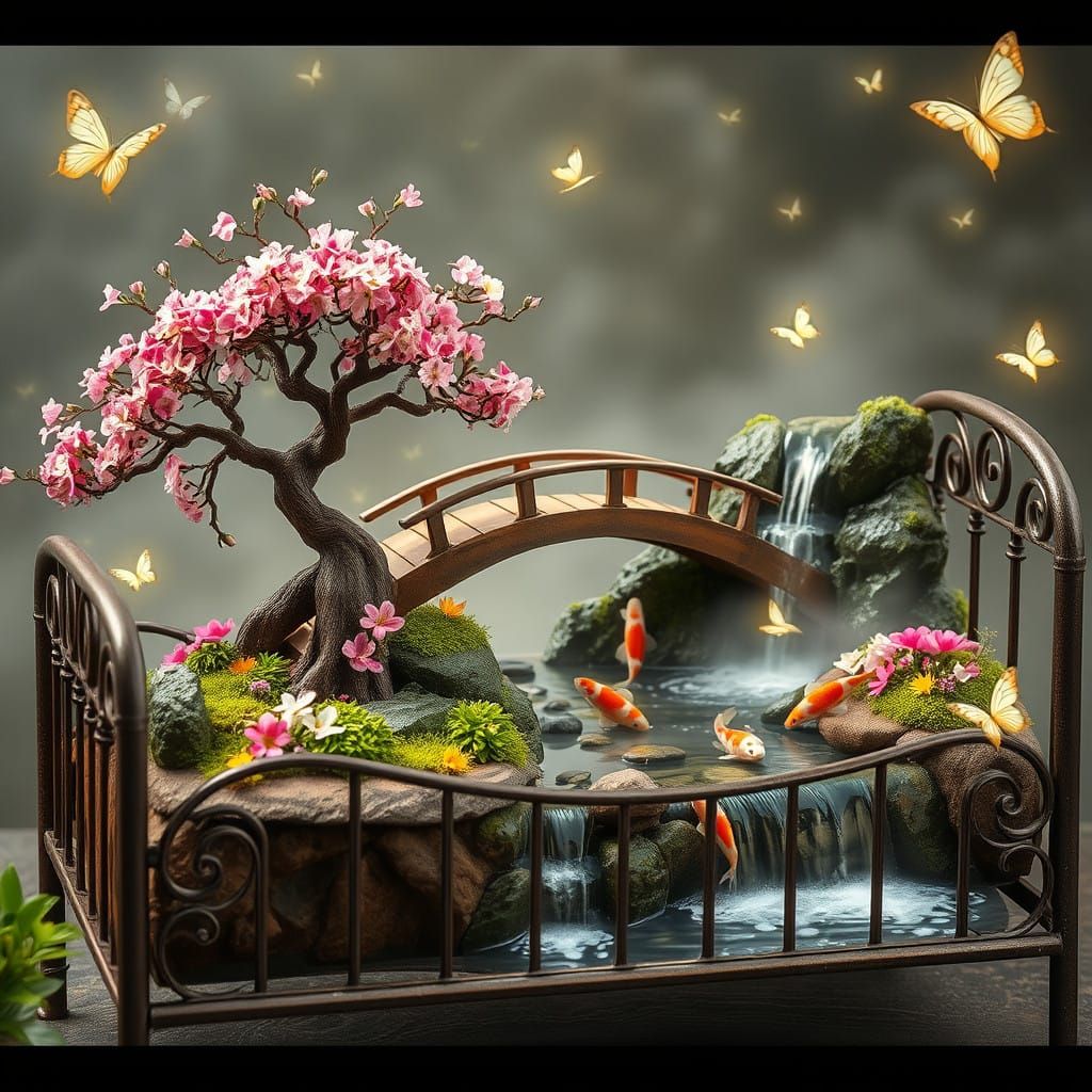 Enchanted Bonsai Garden with Glowing Waterfall and Ethereal ...
