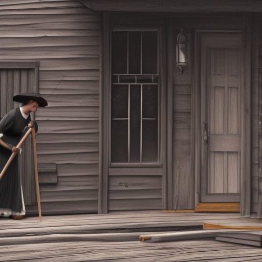 Illustration of an Amish woman sweeping her wooden, gray fro...