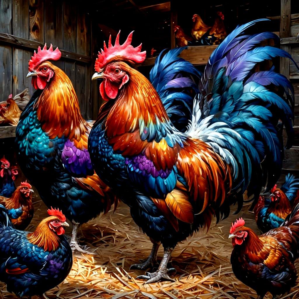 Proud Metallic Cockerels in a Chicken Coop