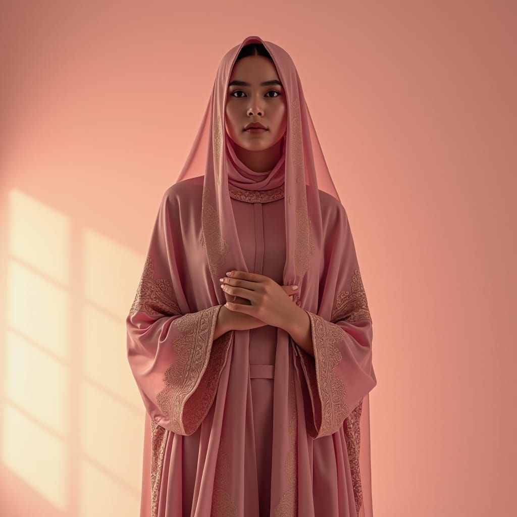 Young Woman in Abaya Against Pink Background