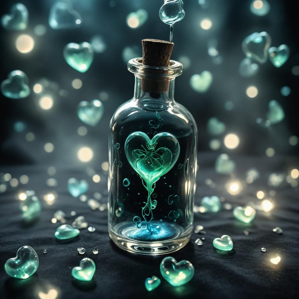 Surreal Glowing Hearts in Glass Vial