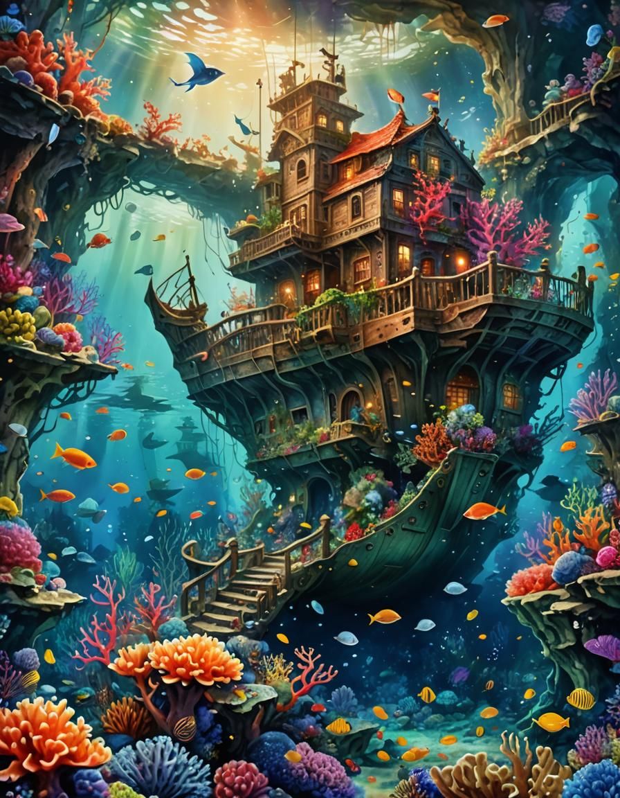 Underwater Shipwreck Coral Garden with Mermaid