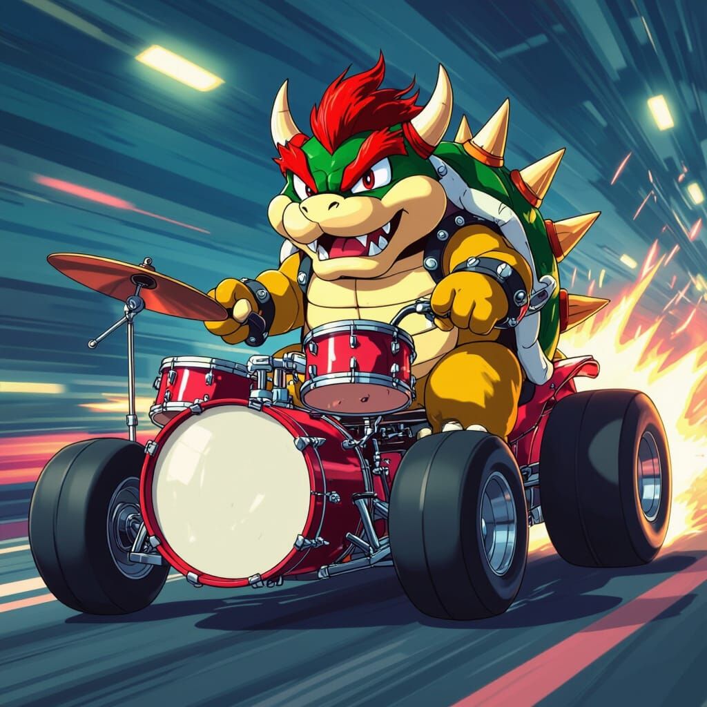 Bowser Drives a Wacky Drumset Rat Rod in Anime Style