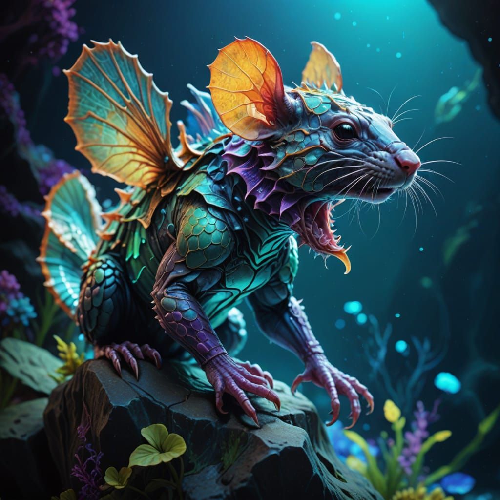 Hyperrealistic Rat with Fins and Scales in Vibrant Aquatic S...