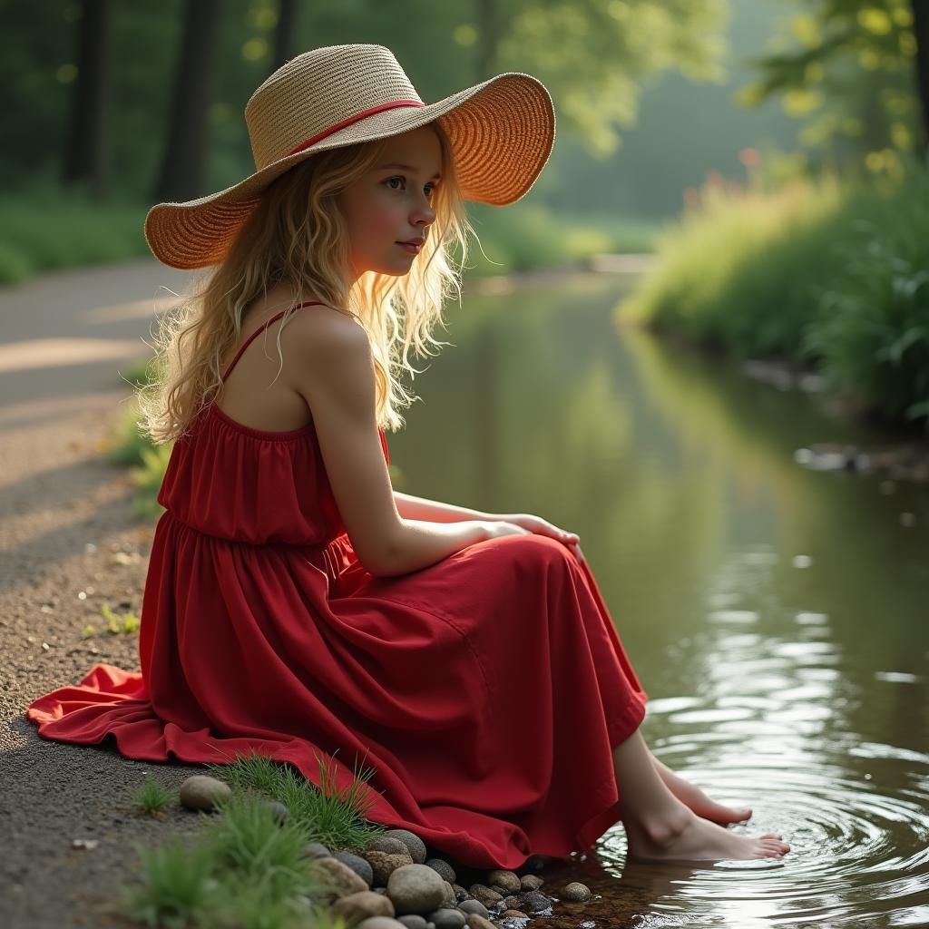 Girl by Stream in Atmospheric Matte Painting Style