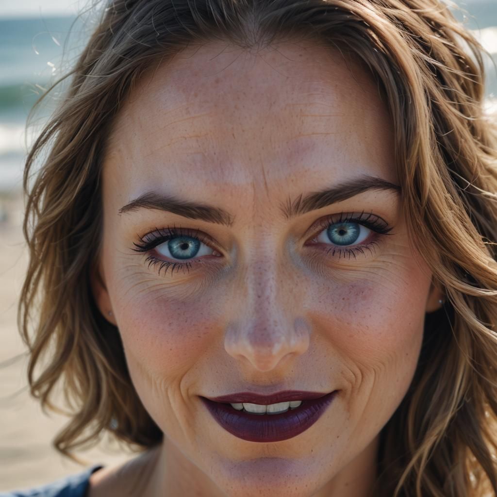 Laughing Woman with Blue Eyes, Beach Portrait