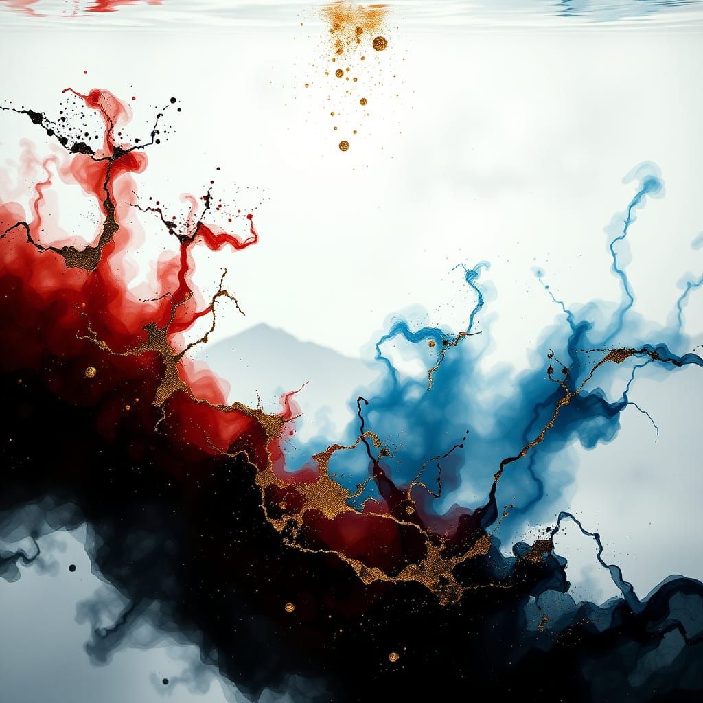 Zen Misty Mountain Landscape with Golden Ink Diffusion