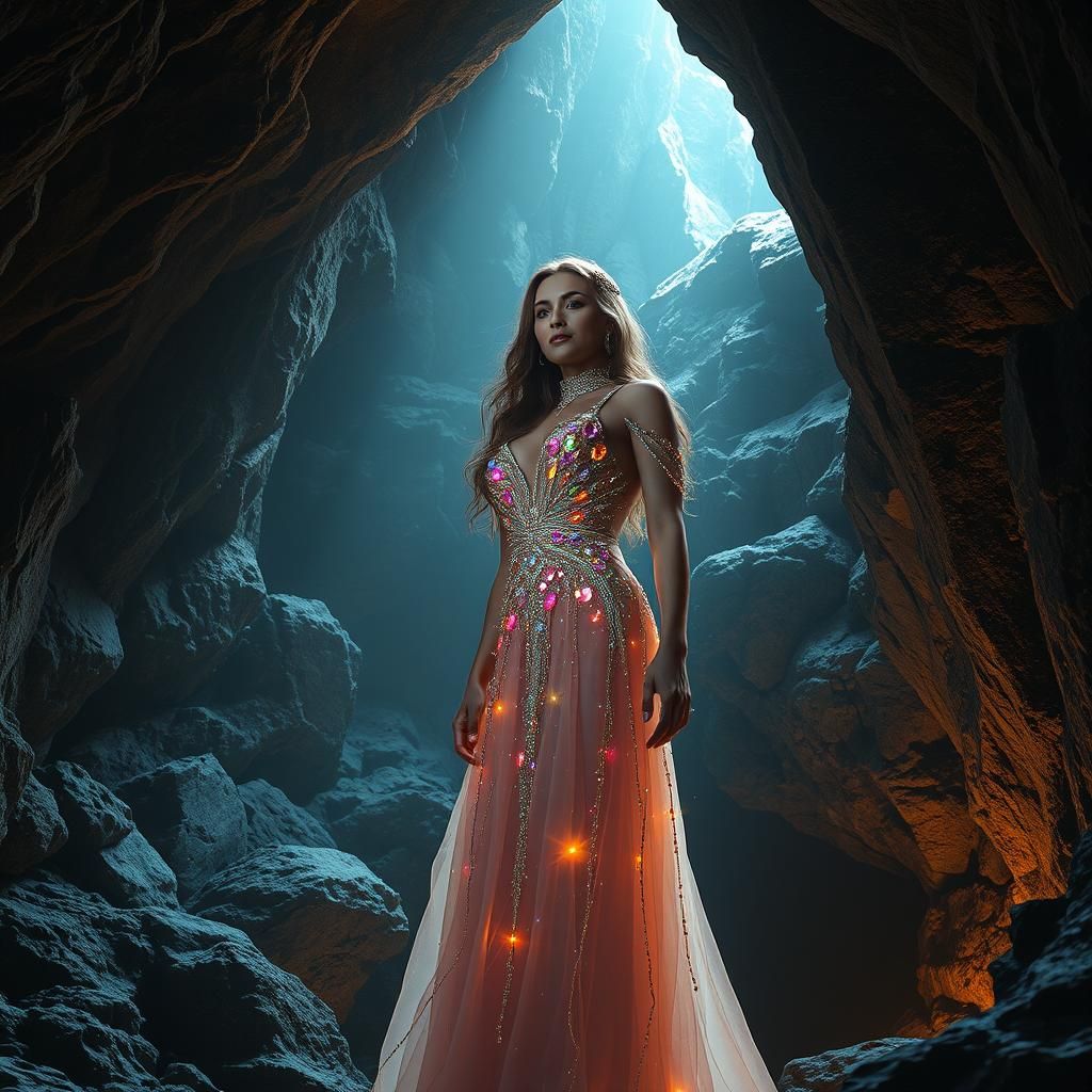 Gemstone Dress Woman in Rock Cave, Fantasy Art