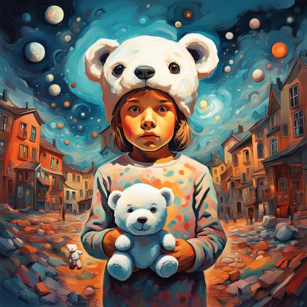Surreal Child Hugging Teddy Bear in Abstract Expressionism