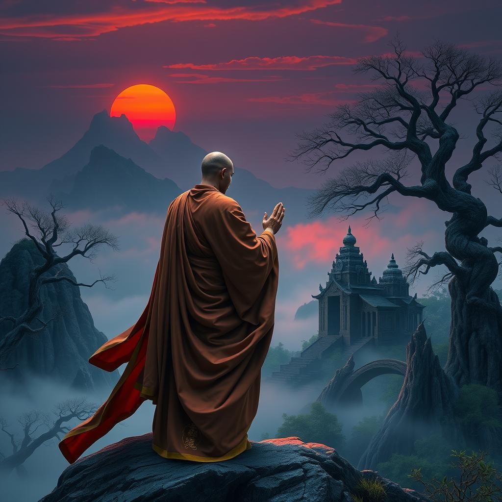 Monk's Mountain Prayer: Tempered Realism in Mystical Setting