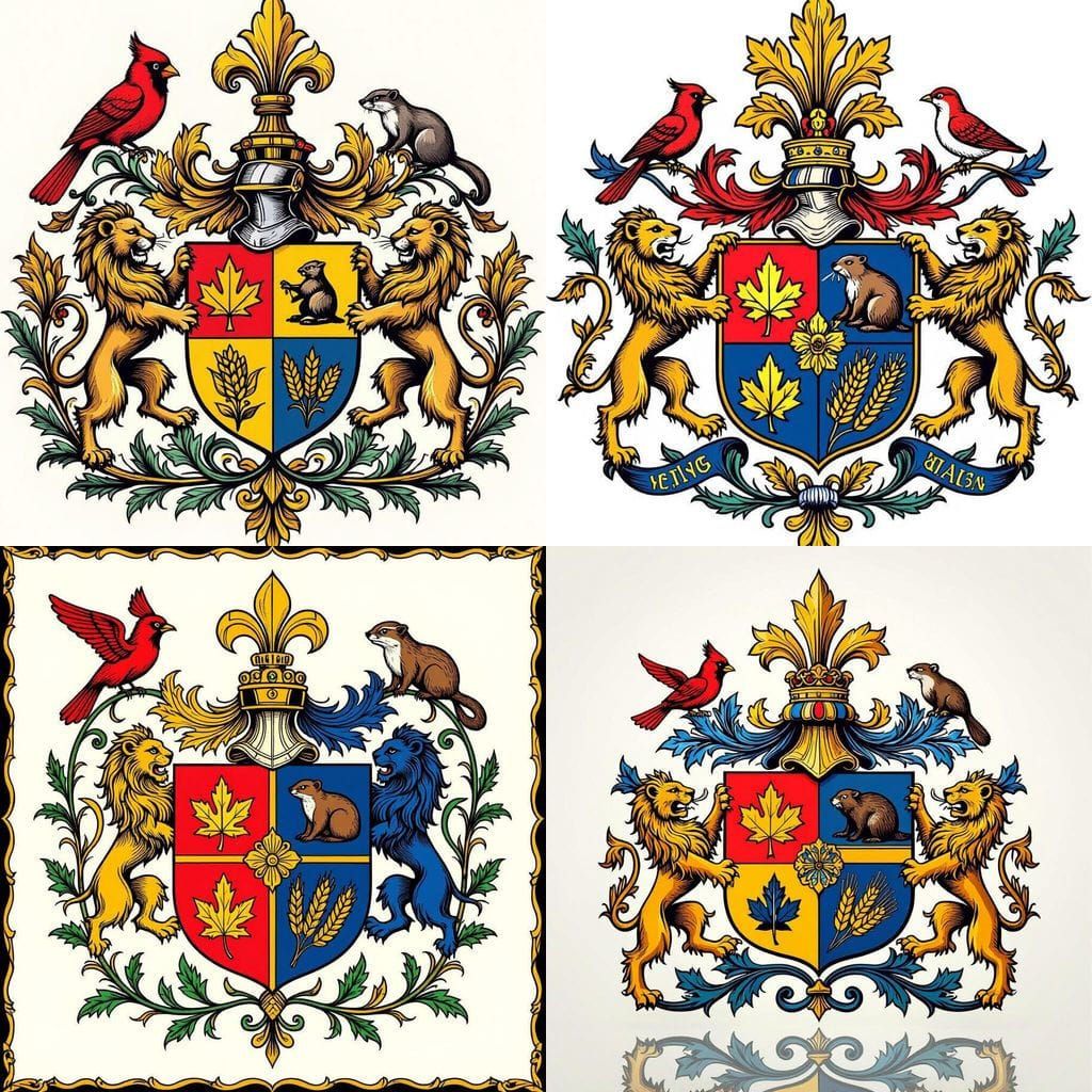 Ornate Fleur-de-Lys Emblem with Lions, Bird, and Weasel