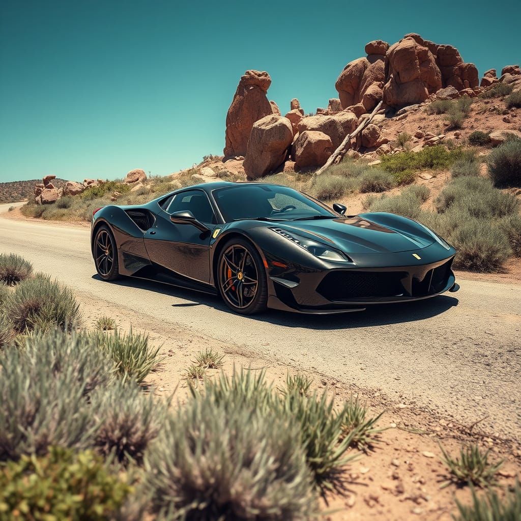 Sleek Black Ferrari in Open Road Style Photography
