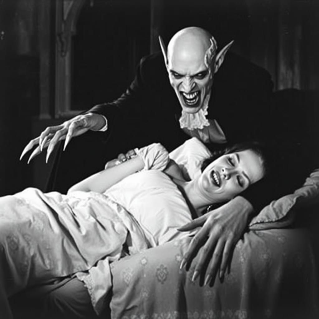 Nosferatu Vampire Scene in Silent Horror Style