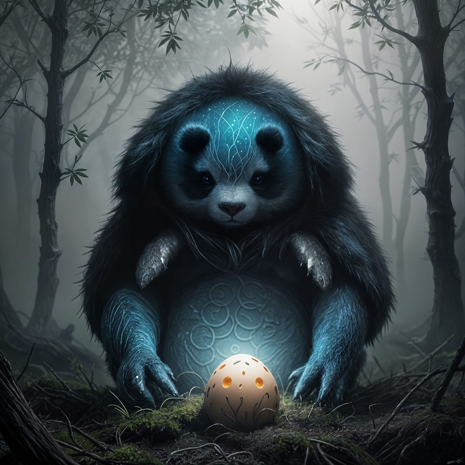 Panda-Like Spider Egg in Dark Fantasy Style