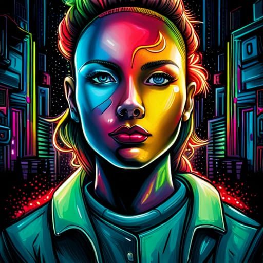 Cyborg Girl in Neon City Graffiti Art