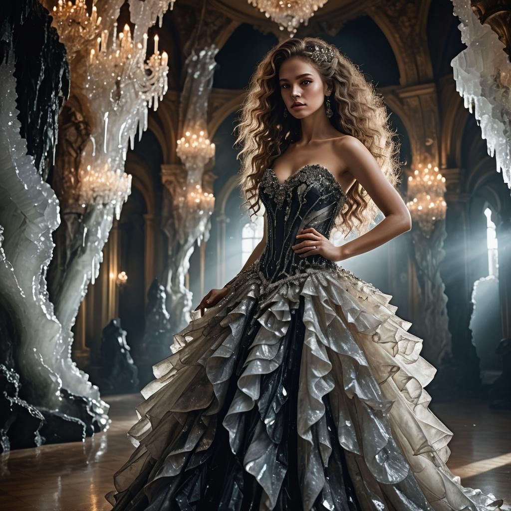 Woman in Crystal Dress in Grand Ballroom