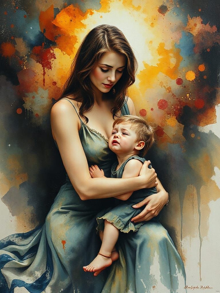 Mother's Cosmic Comfort in Watercolor Splatter