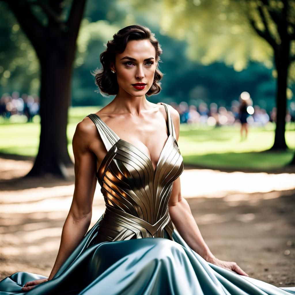 Woman looking like Gal gadot  reaching out while stooping, looking at us in a stunning satin dress in the middle of a pa...