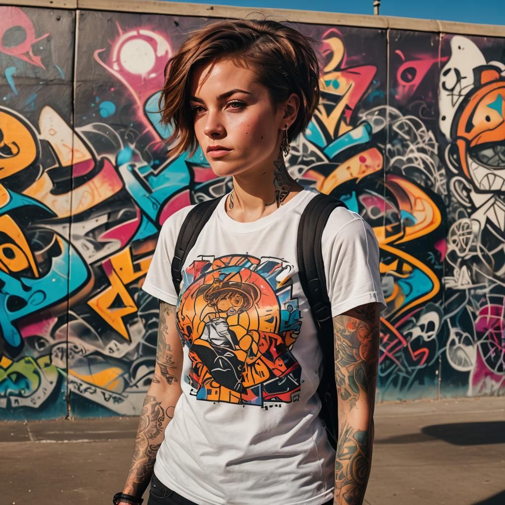 Edgy Tattooed Skater in Urban Graffiti Skate Park