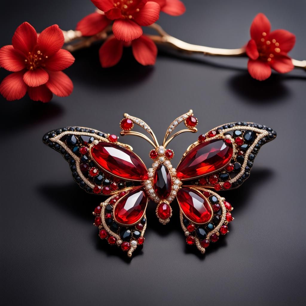 Inferno Butterfly Brooch Macro Shot with Red Gemstones