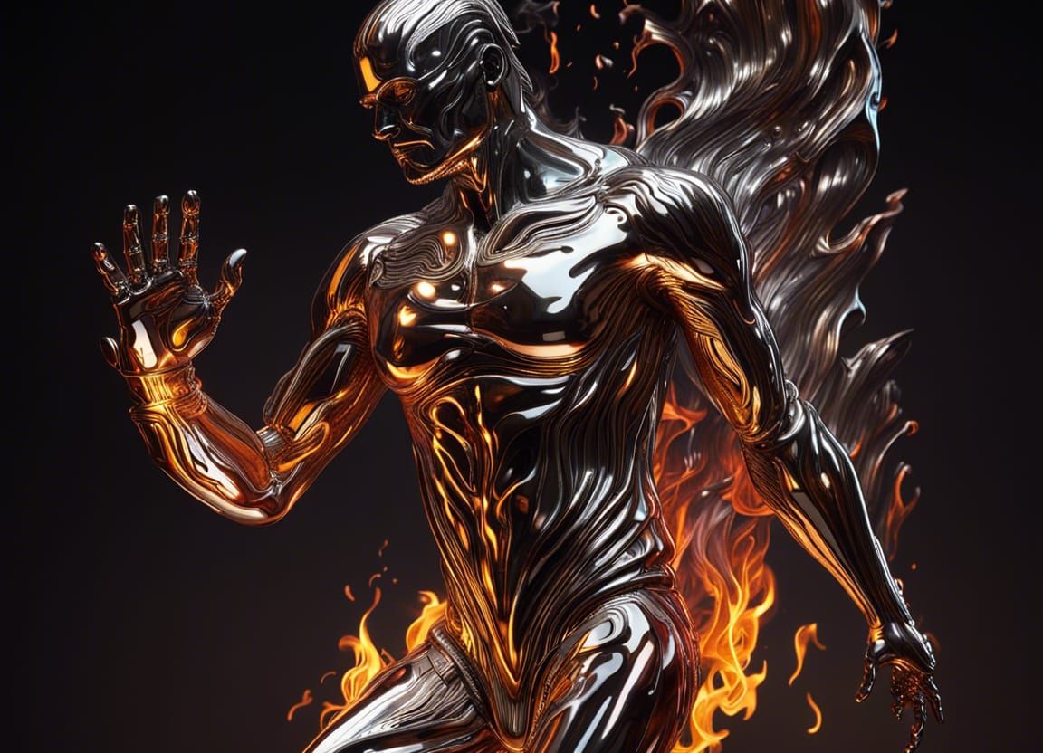 Liquid Metal Man in Fire: Hyperrealistic Concept Art