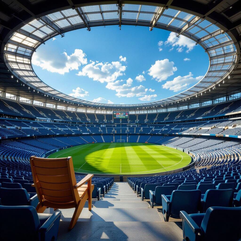 Football Stadium Interior with Wooden Chair Under Blue Sky