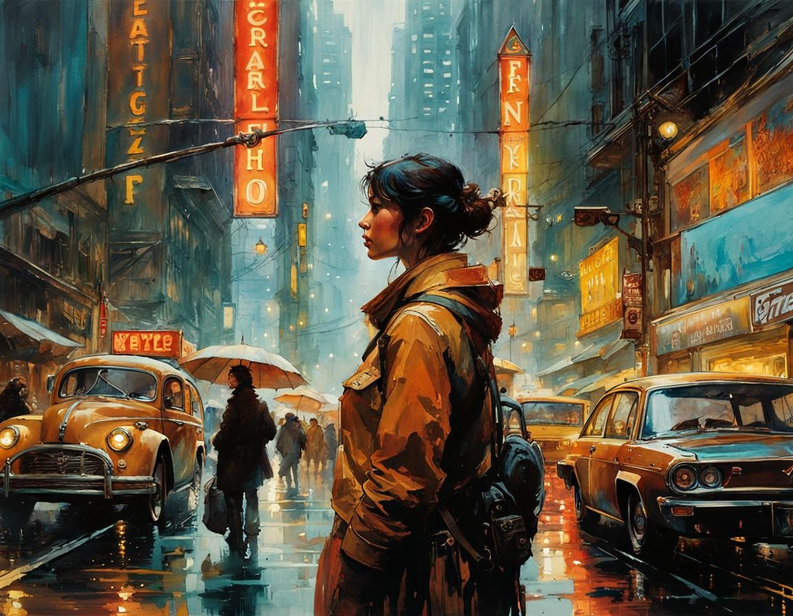 Rainy Cityscape with Ghostly Figure, Hyperrealistic Art